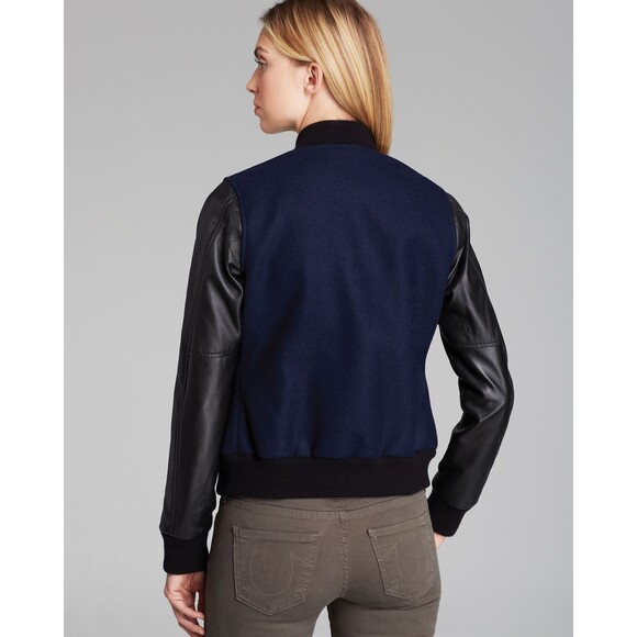 New Womens True Religion Varsity Leather Jacket XS Dark Navy Blue Black Logo - Picture 4 of 8